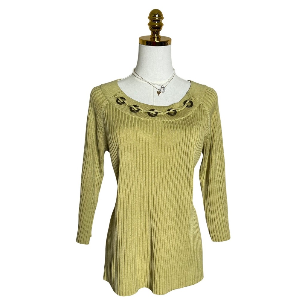 RQT Womens Chartreuse Green Ribbed Knit Grommet Neck 3/4 Sleeve‎ Sweater Large
